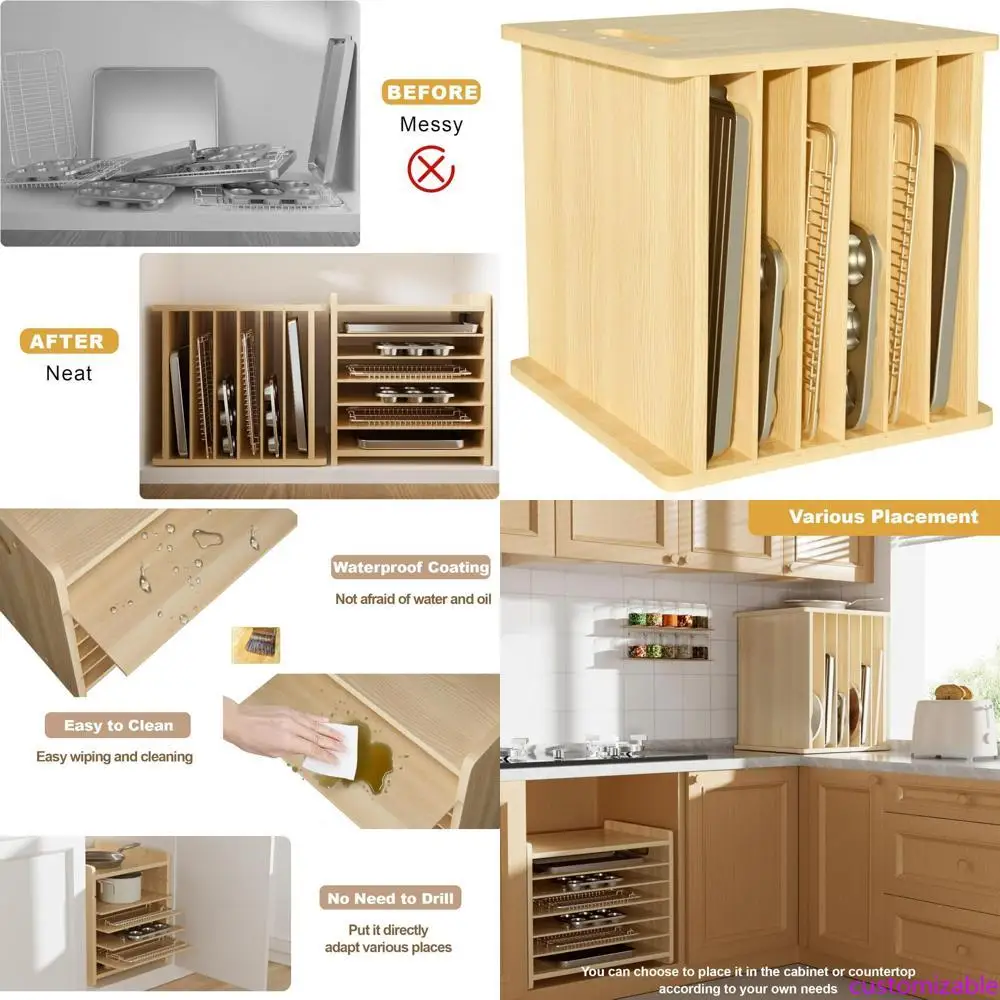 Kitchen Baking Pan Storage - Wooden 7-Tier Cabinet Dividers for Pots,