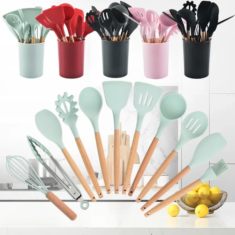 12-piece Set Wooden Handle Sil - Kitchen Baking Pan Storage avaliação e preço