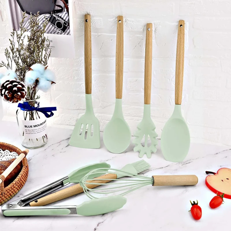 12-piece Set Wooden Handle Sil - Kitchen Baking Pan Storage avaliação e preço